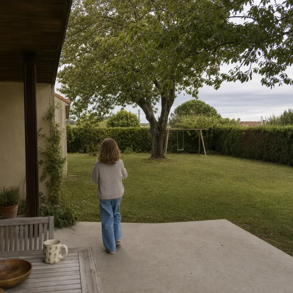 Jardin de maison individuelle vu depuis la terrasse, arbre mûr, haie, pignon libre de toute construction