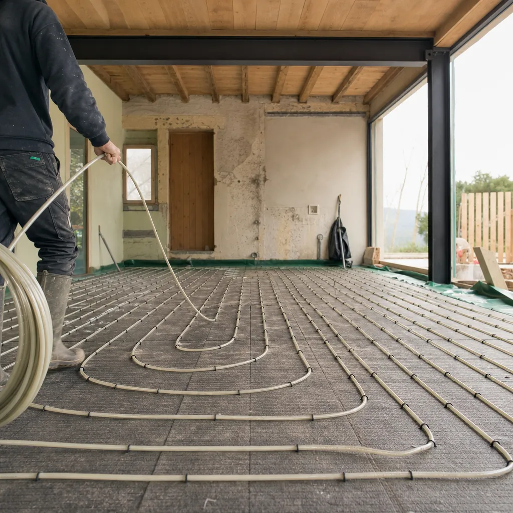 Tubes de plancher chauffant agrafés sur les panneaux isolants d’une dalle d’extension avant la chape