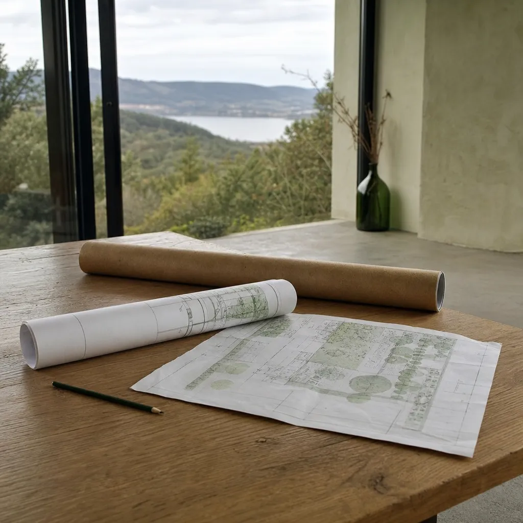 Tube à plans, rouleau de dessins et plan de masse plié posés sur une table en bois près d’une fenêtre