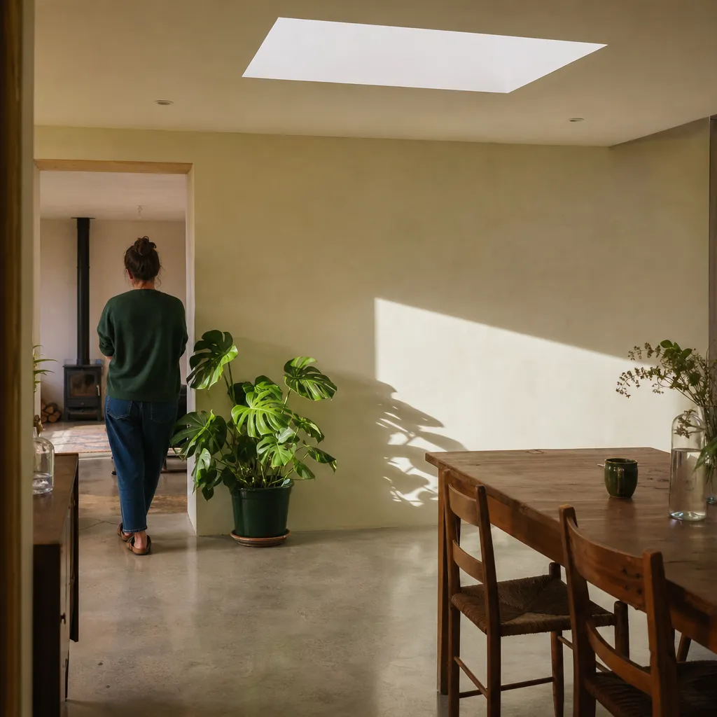 Puits de lumière posé en toiture plate vu de l’intérieur, rectangle de jour sur un mur clair