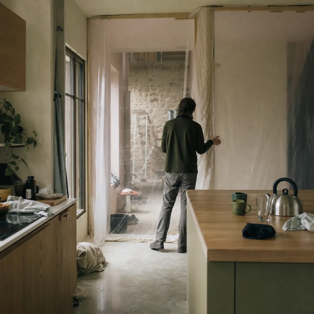 Bâche de protection et cloison provisoire séparant une cuisine occupée du chantier voisin