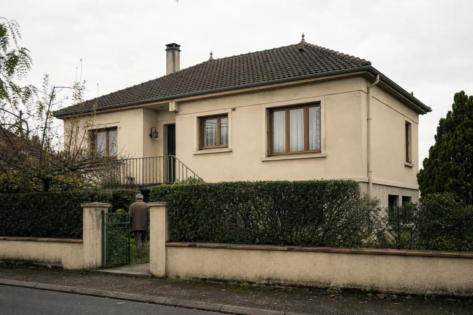 Maison individuelle d’après-guerre au plan rectangulaire, toit à quatre pans, muret de jardin