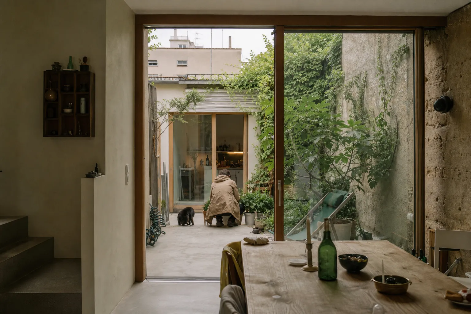Maison étroite prise entre deux immeubles dans un quartier dense, murs mitoyens visibles