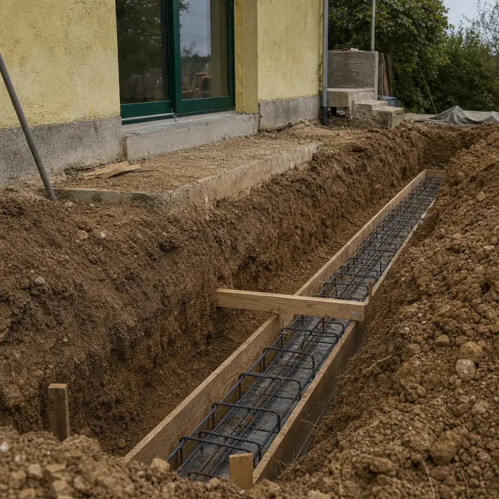 Fouille de fondation d’extension dans une terre argileuse brune, armature d’acier posée