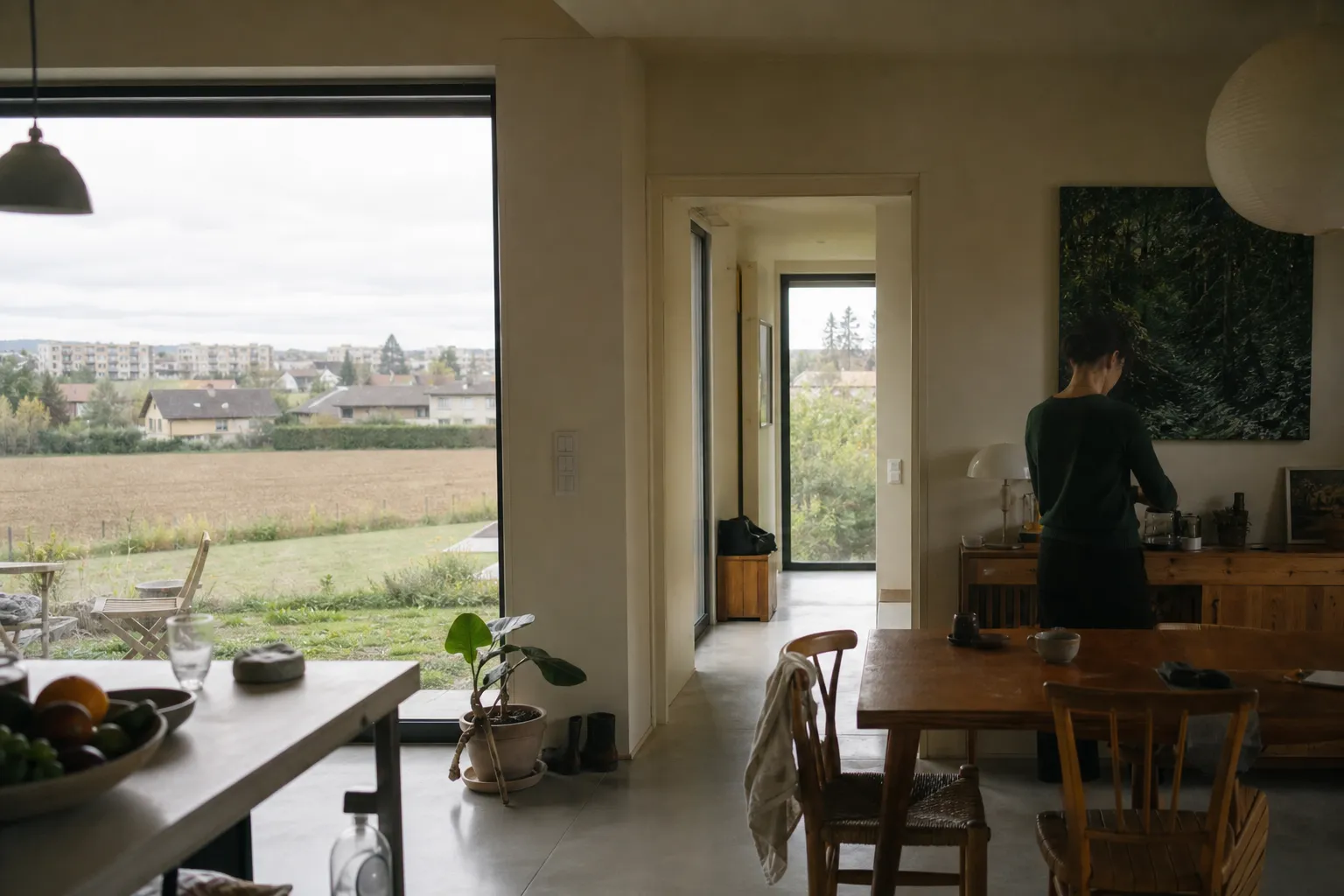 Plaine de l’est lyonnais vue depuis un point bas, maisons avec jardins puis immeubles au loin