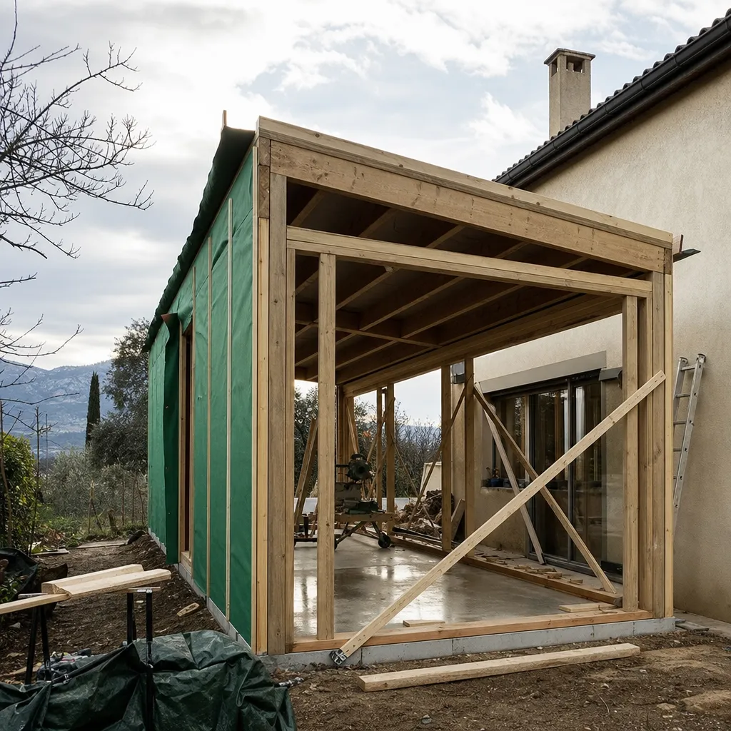 Ossature bois d’extension montée sur dalle, contreventements en place, sans bardage