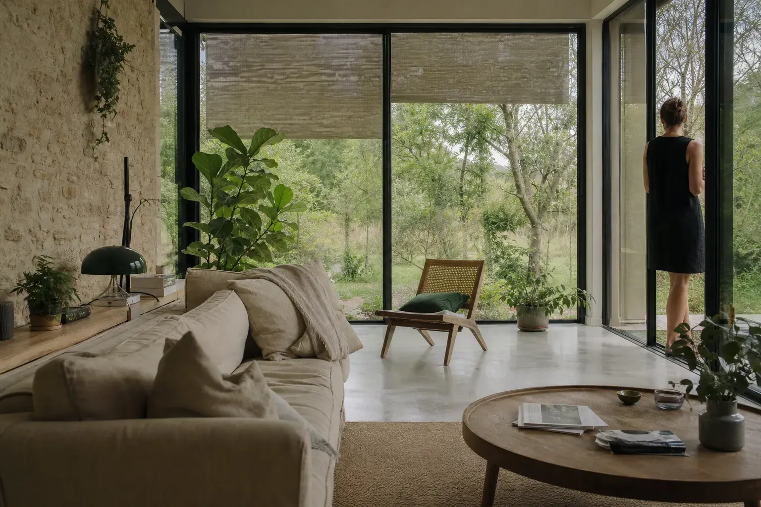 Intérieur d’une extension vitrée habitée, profilés fins sombres, mur ancien laissé visible